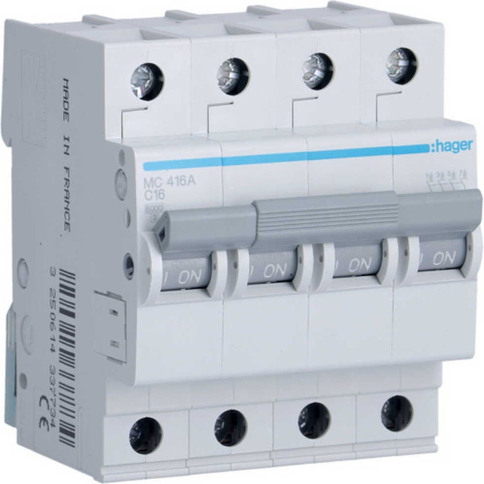 Автоматический выключатель HAGER 4P 6kA C-16A 4M MC416A